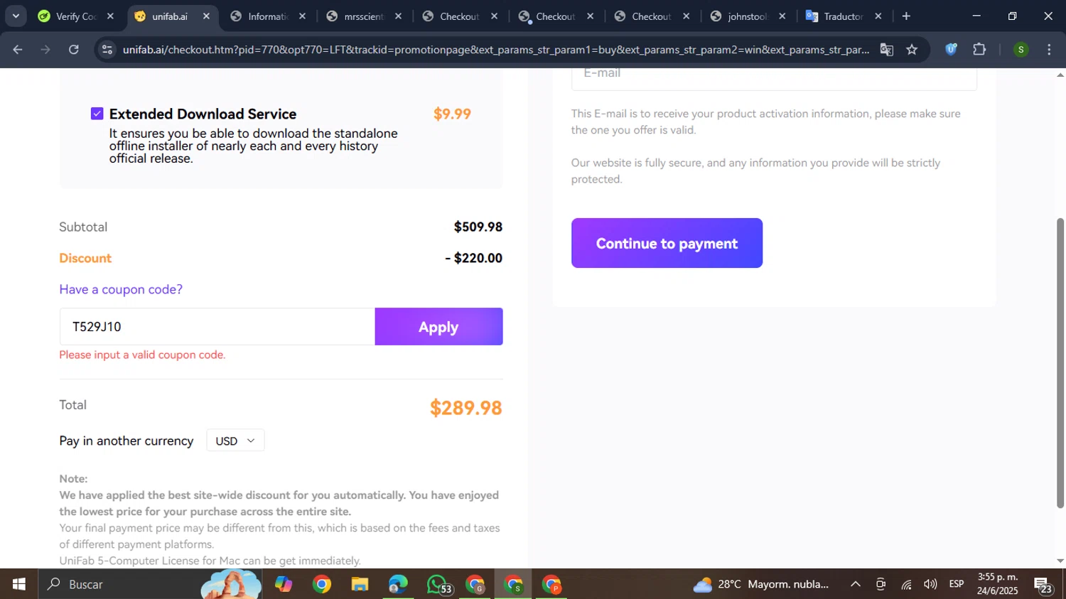 UniFab promo code screenshot showing code T529J10 applied at UniFab checkout page. Uploaded by SimplyCodes community member RewardMaverick445 on Jun 24, 2025