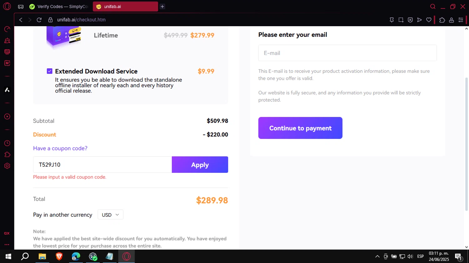 UniFab promo code screenshot showing code T529J10 applied at UniFab checkout page. Uploaded by SimplyCodes community member VoucherCollector3778 on Jun 24, 2025