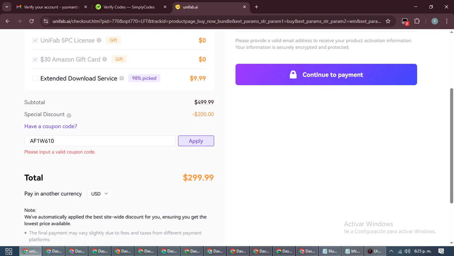 UniFab promo code screenshot showing code AF1W610 applied at UniFab checkout page. Uploaded by SimplyCodes community member MoneyTiger5162 on Nov 26, 2025