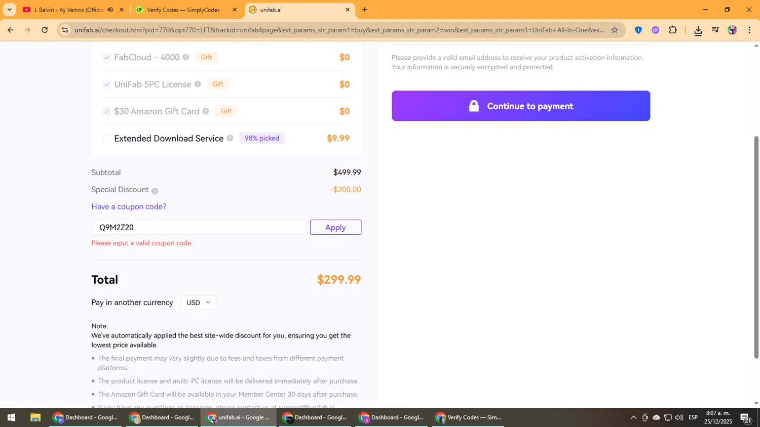 UniFab promo code screenshot showing code Q9M2Z20 applied at UniFab checkout page. Uploaded by SimplyCodes community member Vanmanuel on Dec 25, 2025
