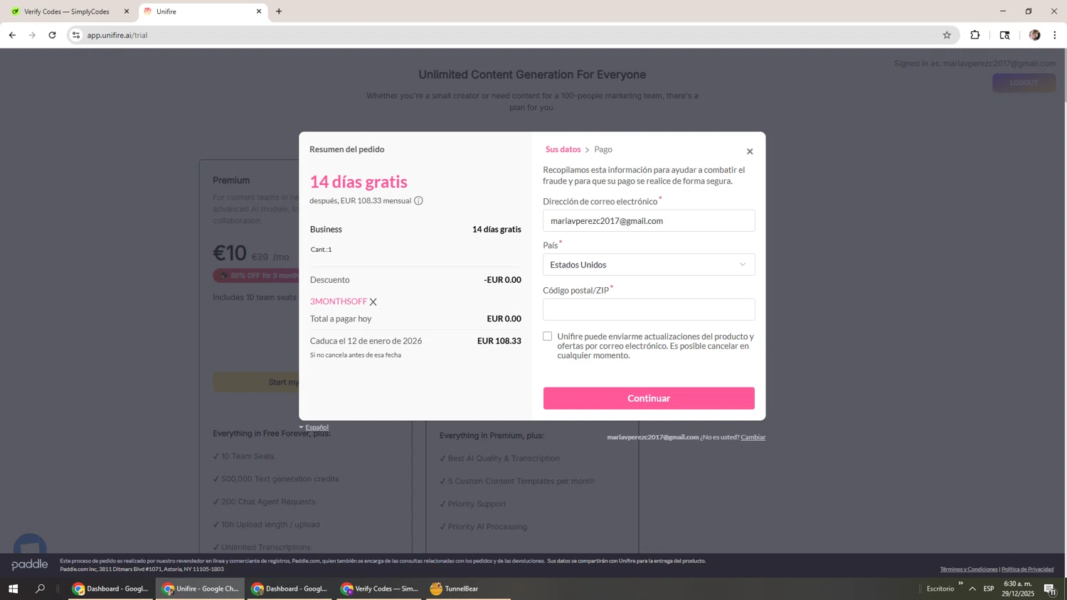 Unifire.ai promo code screenshot showing code 3MONTHSOFF applied at Unifire.ai checkout page. Uploaded by SimplyCodes community member Levi_Ackerman on Dec 29, 2025
