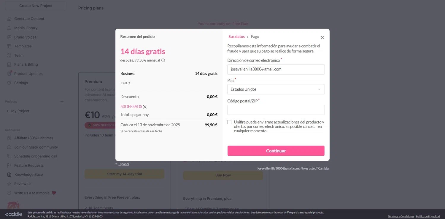Unifire.ai promo code screenshot showing code 50OFF5ADS applied at Unifire.ai checkout page. Uploaded by SimplyCodes community member Depressive on Oct 30, 2025