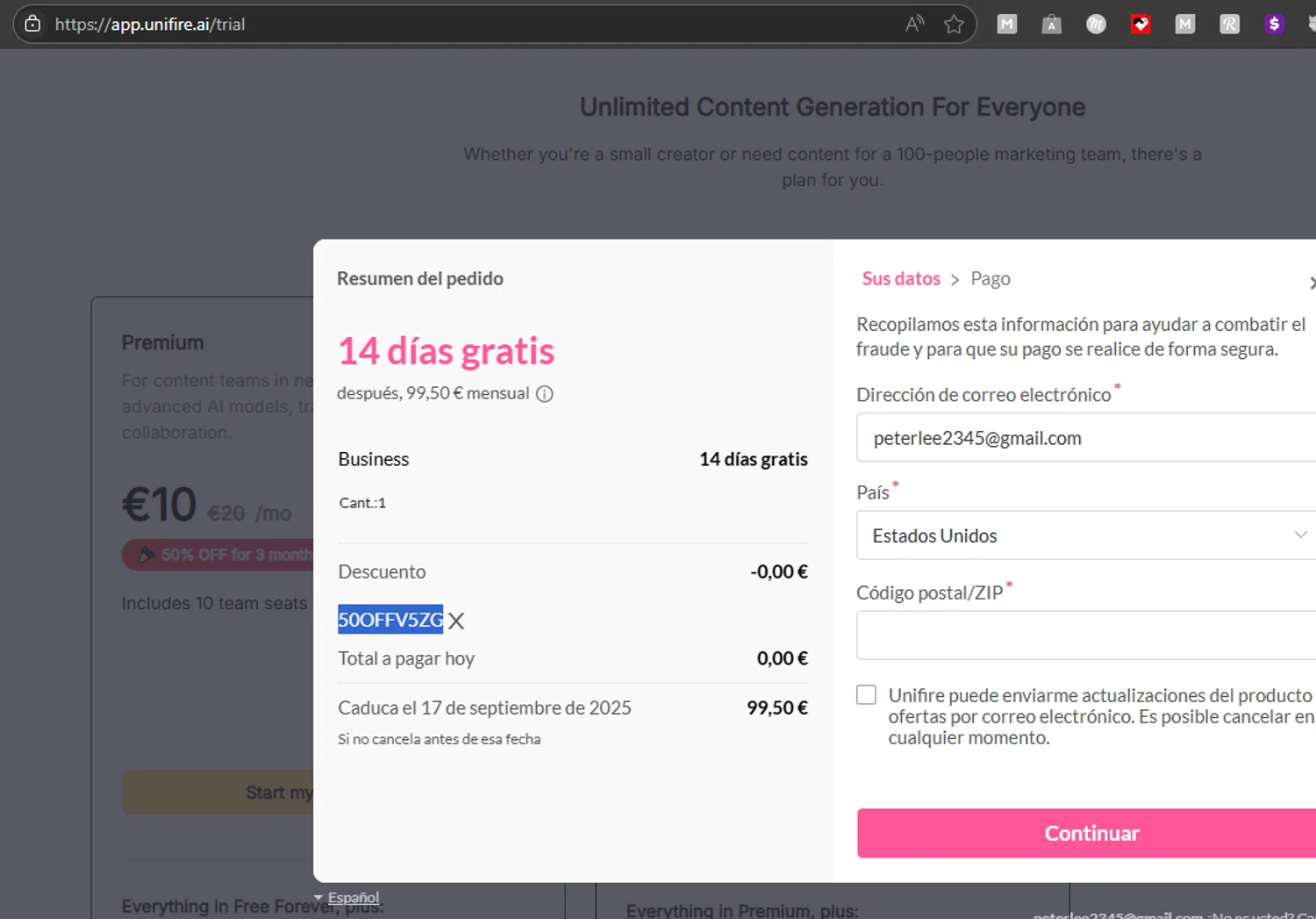 Unifire.ai promo code screenshot showing code 50OFFV5ZG applied at Unifire.ai checkout page. Uploaded by SimplyCodes community member ricardoramirez1 on Sep 3, 2025