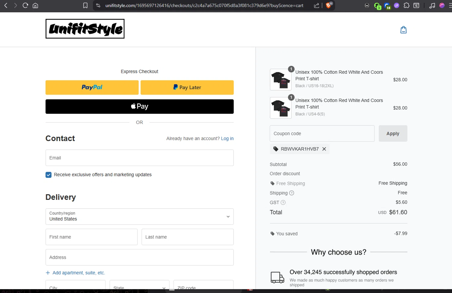 UnifitStyle coupon code screenshot showing code RBWVKAR1HVB7 applied at UnifitStyle checkout page. Uploaded by SimplyCodes community member Jmhernand1 on Jul 3, 2025