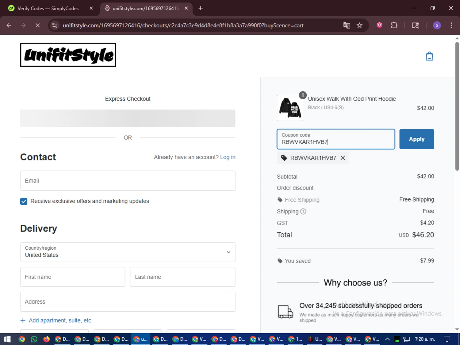 UnifitStyle coupon code screenshot showing code RBWVKAR1HVB7 applied at UnifitStyle checkout page. Uploaded by SimplyCodes community member LuckyVoyager688 on Oct 27, 2025