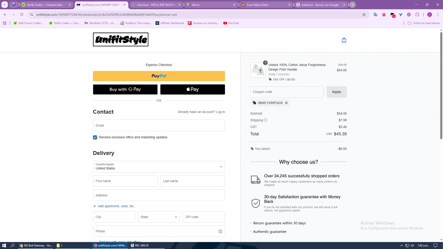 UnifitStyle coupon code screenshot showing code 9BXE1V90PQC6 applied at UnifitStyle checkout page. Uploaded by SimplyCodes community member GoldSage6451 on Aug 22, 2025