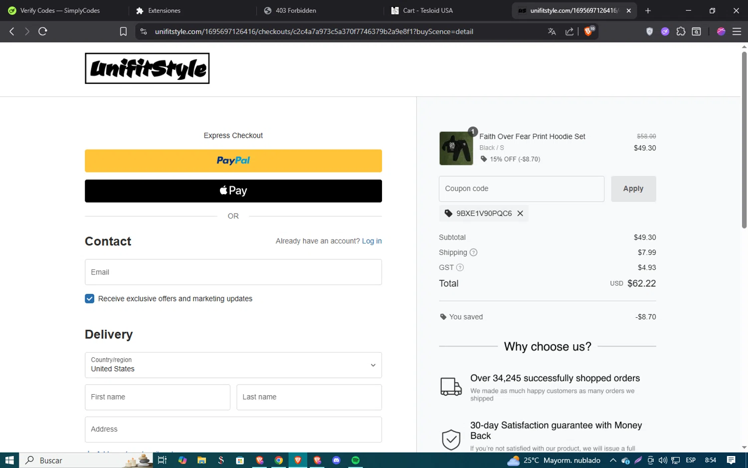 UnifitStyle coupon code screenshot showing code 9BXE1V90PQC6 applied at UnifitStyle checkout page. Uploaded by SimplyCodes community member SmartSaver5858 on Jul 24, 2025