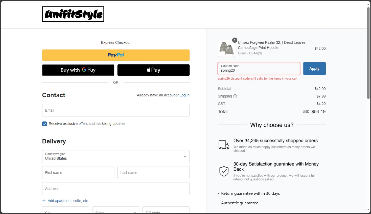 UnifitStyle coupon code screenshot showing code spring20 applied at UnifitStyle checkout page. Uploaded by SimplyCodes community member TokioMiller on Sep 15, 2025