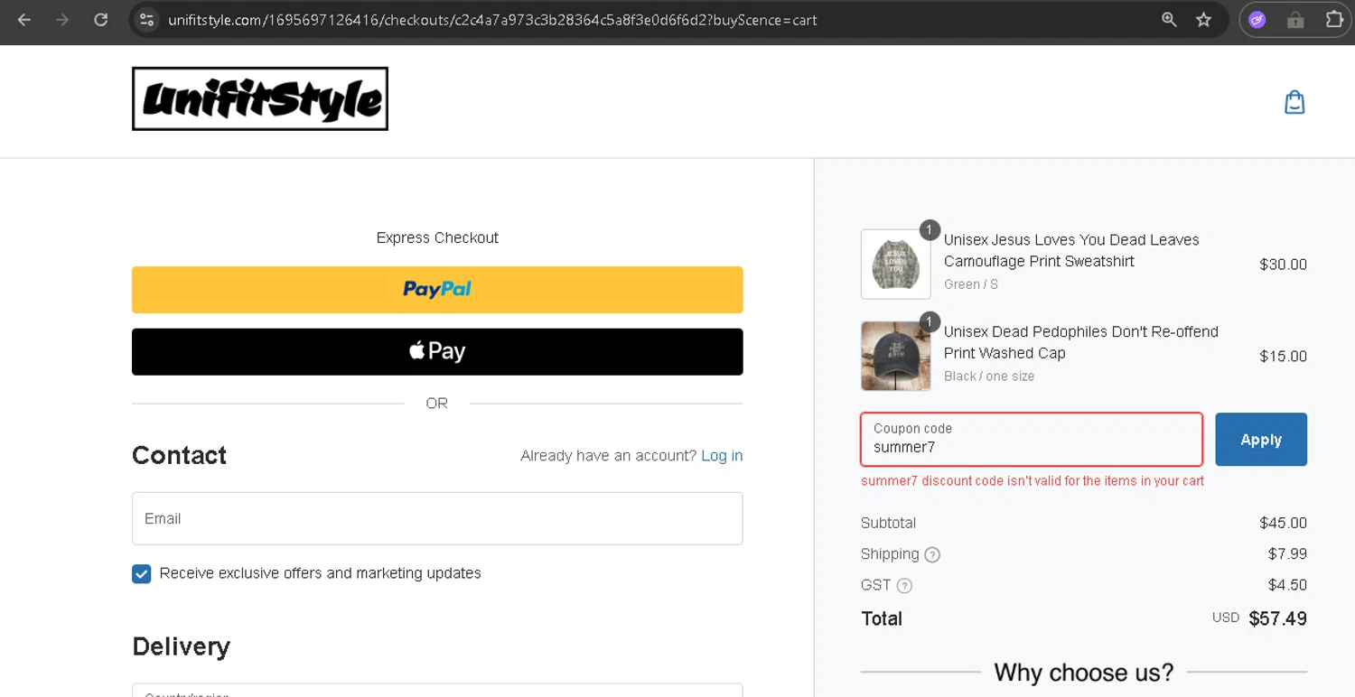 UnifitStyle coupon code screenshot showing code summer7 applied at UnifitStyle checkout page. Uploaded by SimplyCodes community member BonusPro7395 on Jul 24, 2025