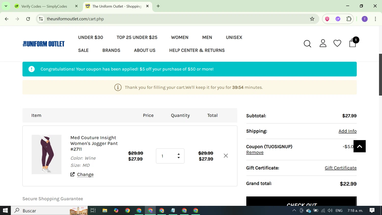 The Uniform Outlet coupon code screenshot showing code TUOSIGNUP applied at The Uniform Outlet checkout page. Uploaded by SimplyCodes community member FortunateCurator5882 on Jun 9, 2025