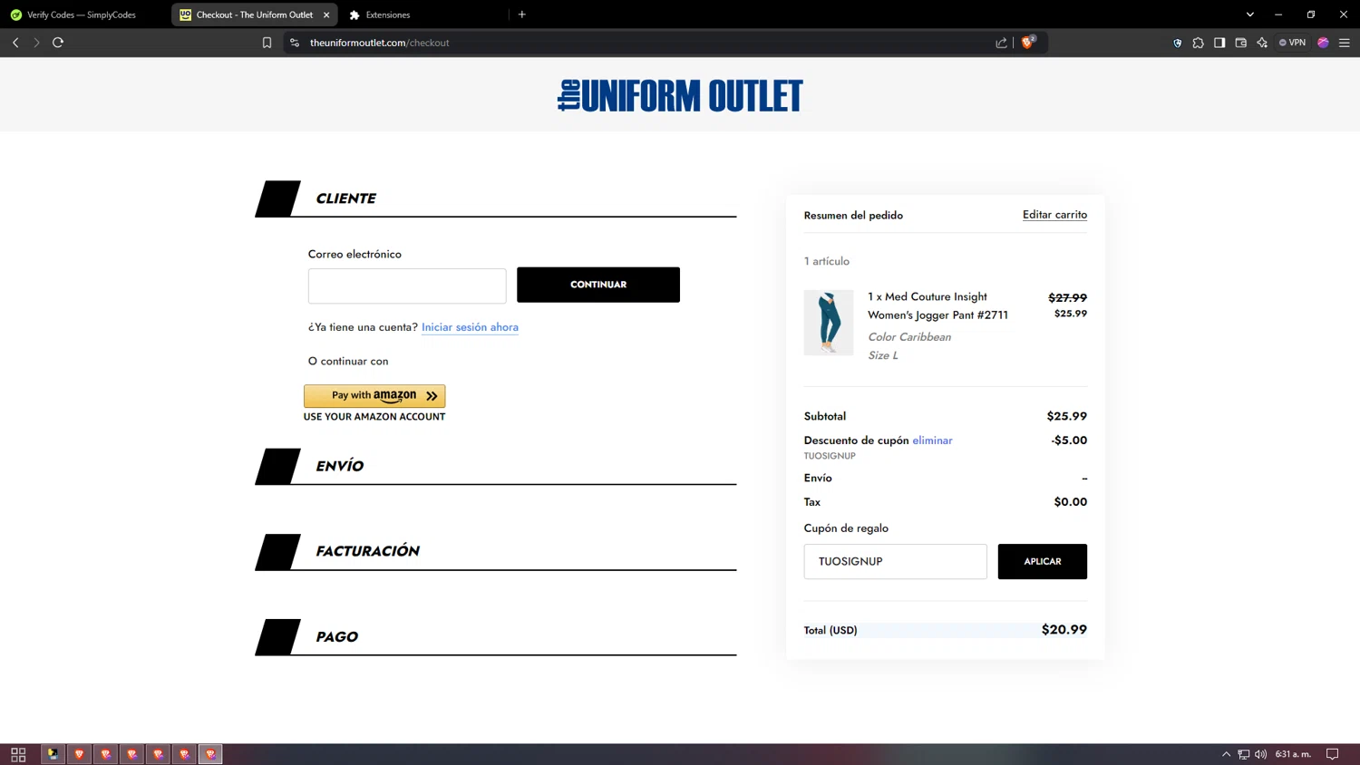 The Uniform Outlet checkout page showing The Uniform Outlet coupon code box | Screenshot taken by SimplyCodes community member on Nov 21, 2024