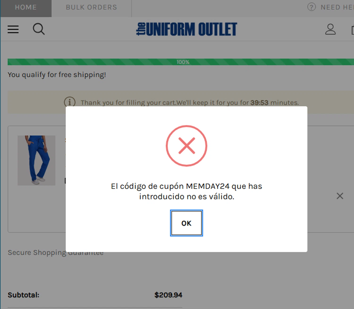 The Uniform Outlet coupon code screenshot showing code MEMDAY24 applied at The Uniform Outlet checkout page. Uploaded by SimplyCodes community member Gabrielo200 on Mar 22, 2025
