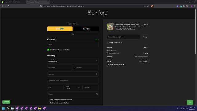 Unifury checkout page showing Unifury discount code box | Screenshot taken by SimplyCodes community member on Aug 23, 2025