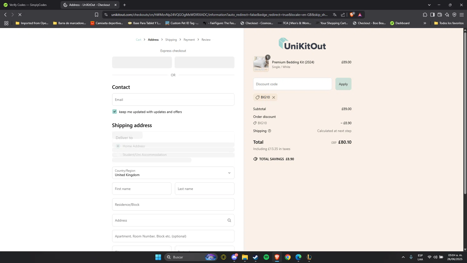 UniKitOut discount code screenshot showing code BIG10 applied at UniKitOut checkout page. Uploaded by SimplyCodes community member Anzeer on Jun 26, 2025