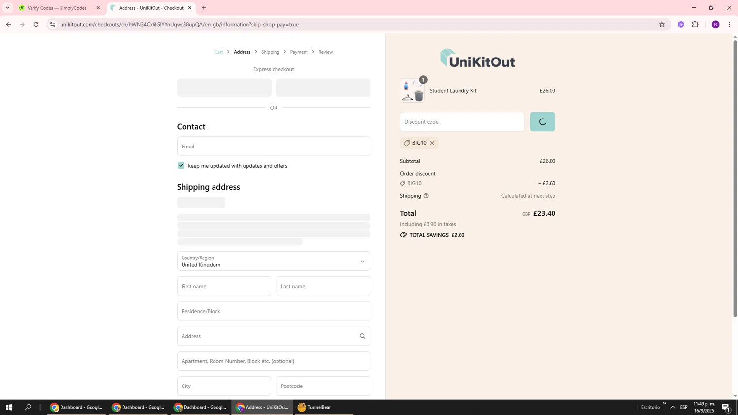 UniKitOut discount code screenshot showing code BIG10 applied at UniKitOut checkout page. Uploaded by SimplyCodes community member ukemochi on Sep 17, 2025
