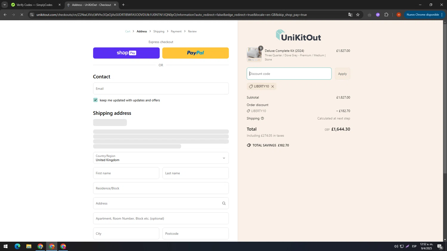 UniKitOut discount code screenshot showing code LIBERTY10 applied at UniKitOut checkout page. Uploaded by SimplyCodes community member elconsentido on Apr 9, 2025