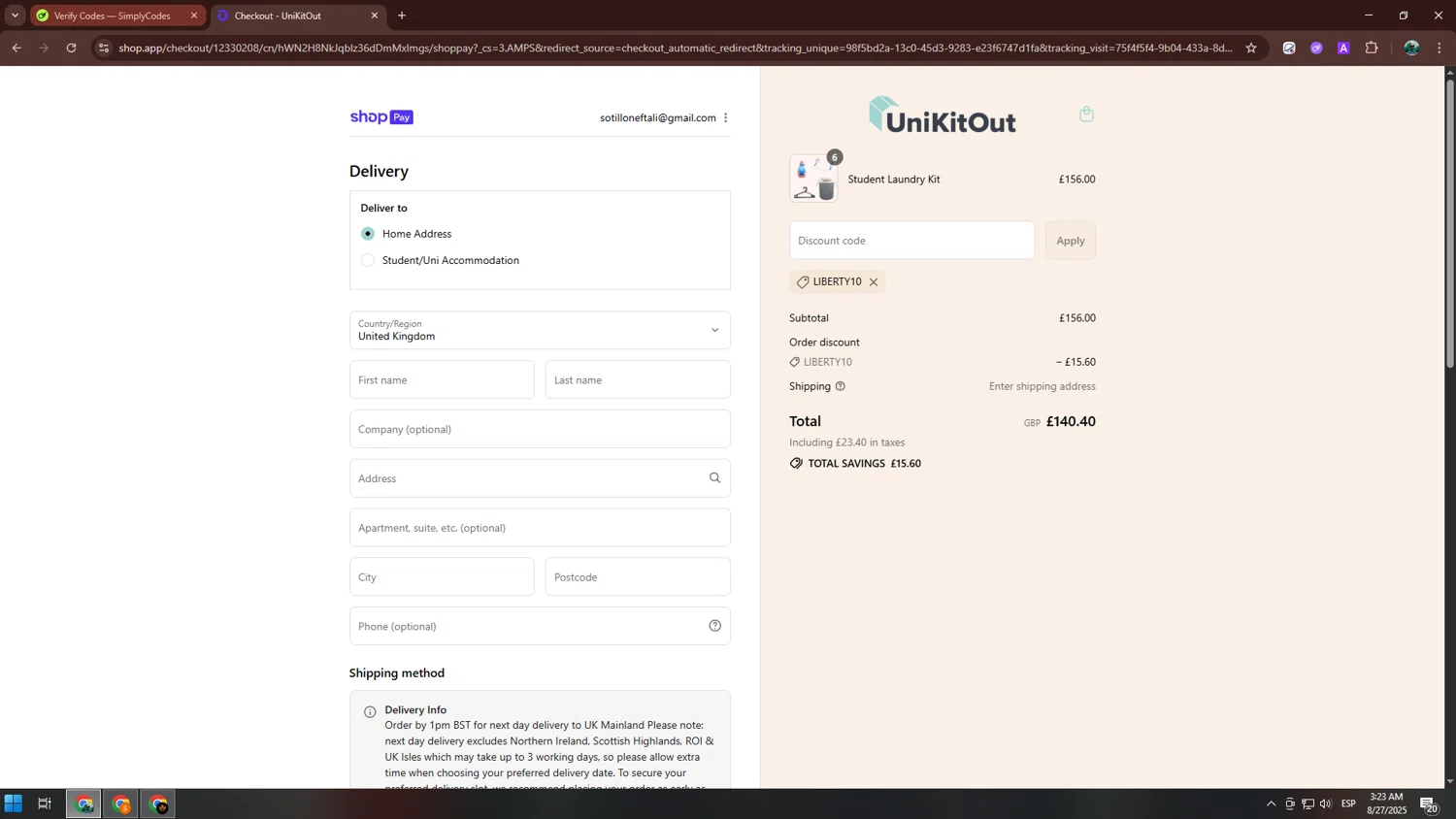 UniKitOut discount code screenshot showing code LIBERTY10 applied at UniKitOut checkout page. Uploaded by SimplyCodes community member neurioandrades on Aug 27, 2025
