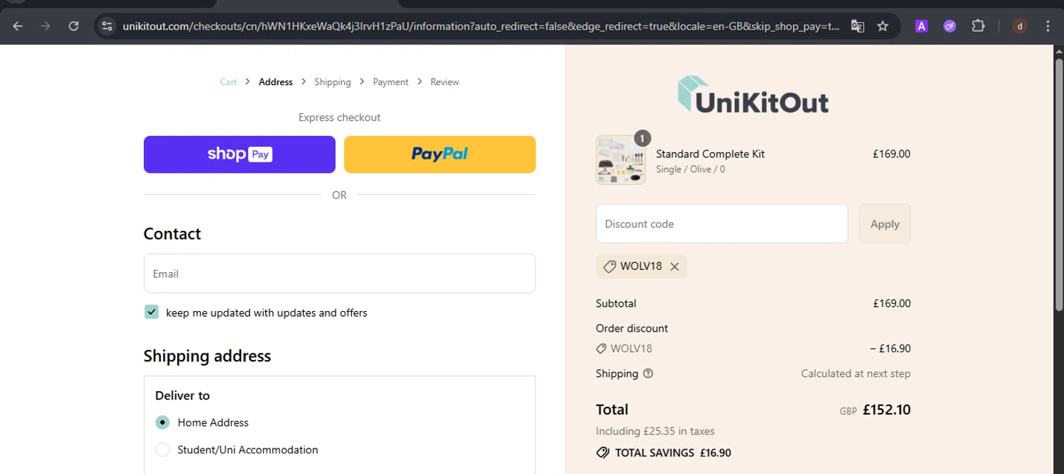 UniKitOut discount code screenshot showing code WOLV18 applied at UniKitOut checkout page. Uploaded by SimplyCodes community member VoucherSpotter9376 on Aug 1, 2025