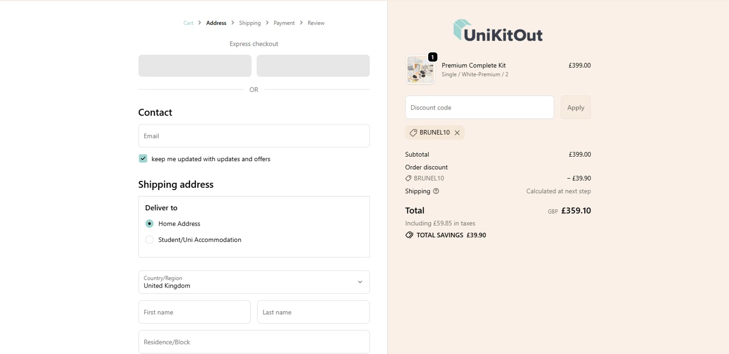 UniKitOut discount code screenshot showing code BRUNEL10 applied at UniKitOut checkout page. Uploaded by SimplyCodes community member Alydrop on Oct 7, 2025