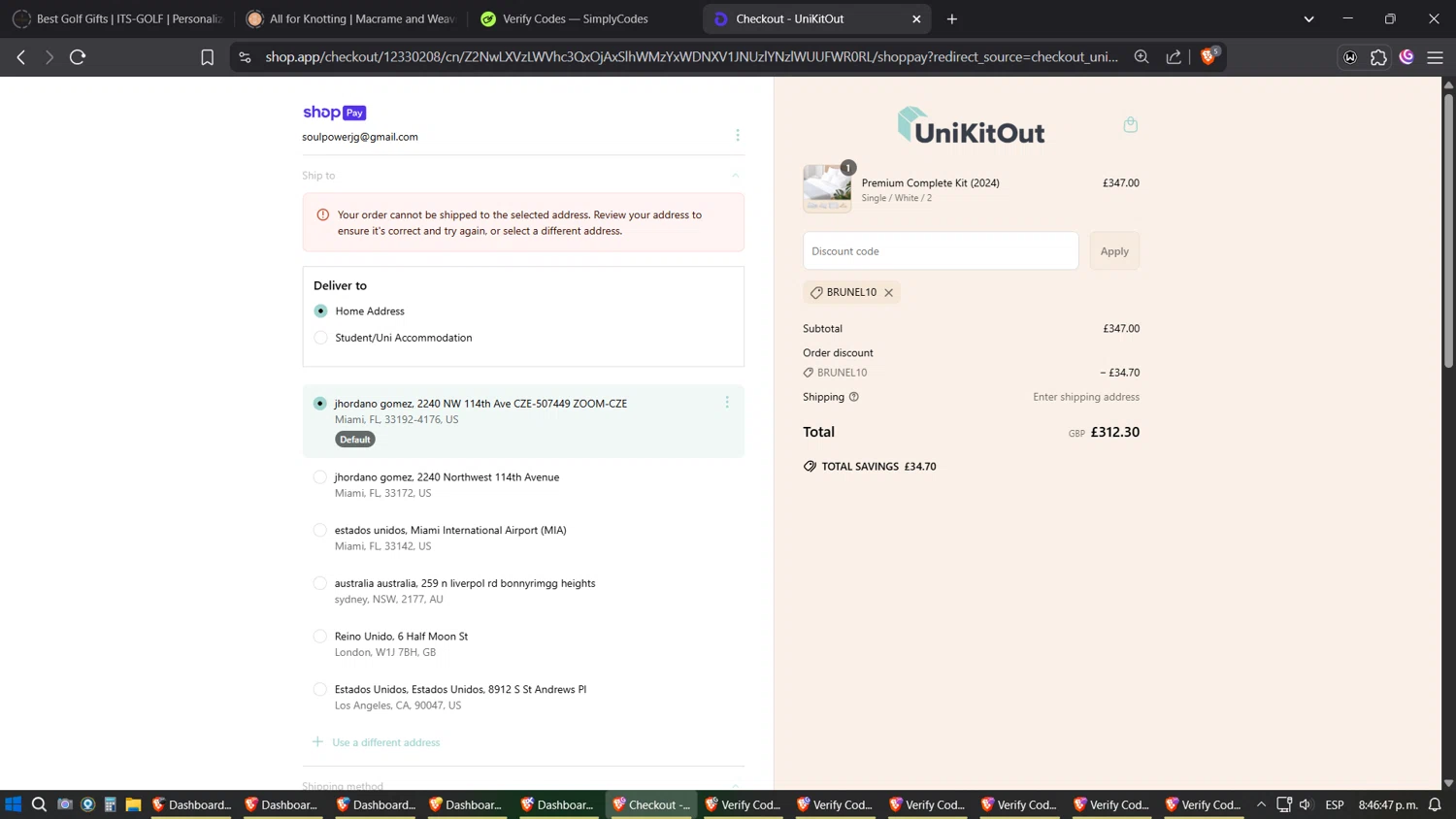 UniKitOut discount code screenshot showing code BRUNEL10 applied at UniKitOut checkout page. Uploaded by SimplyCodes community member Phoenix on Jun 16, 2025