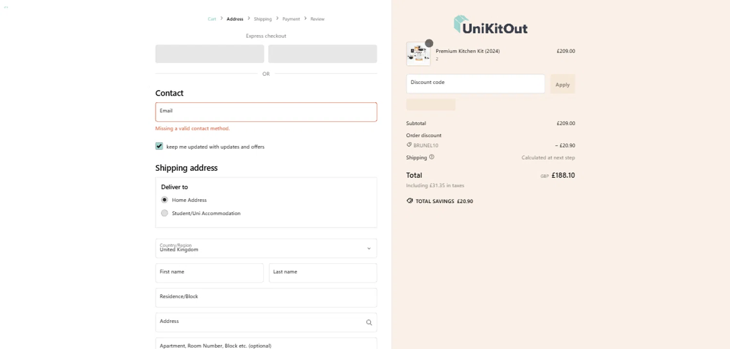 UniKitOut discount code screenshot showing code BRUNEL10 applied at UniKitOut checkout page. Uploaded by SimplyCodes community member RobertWalter on Jan 28, 2025