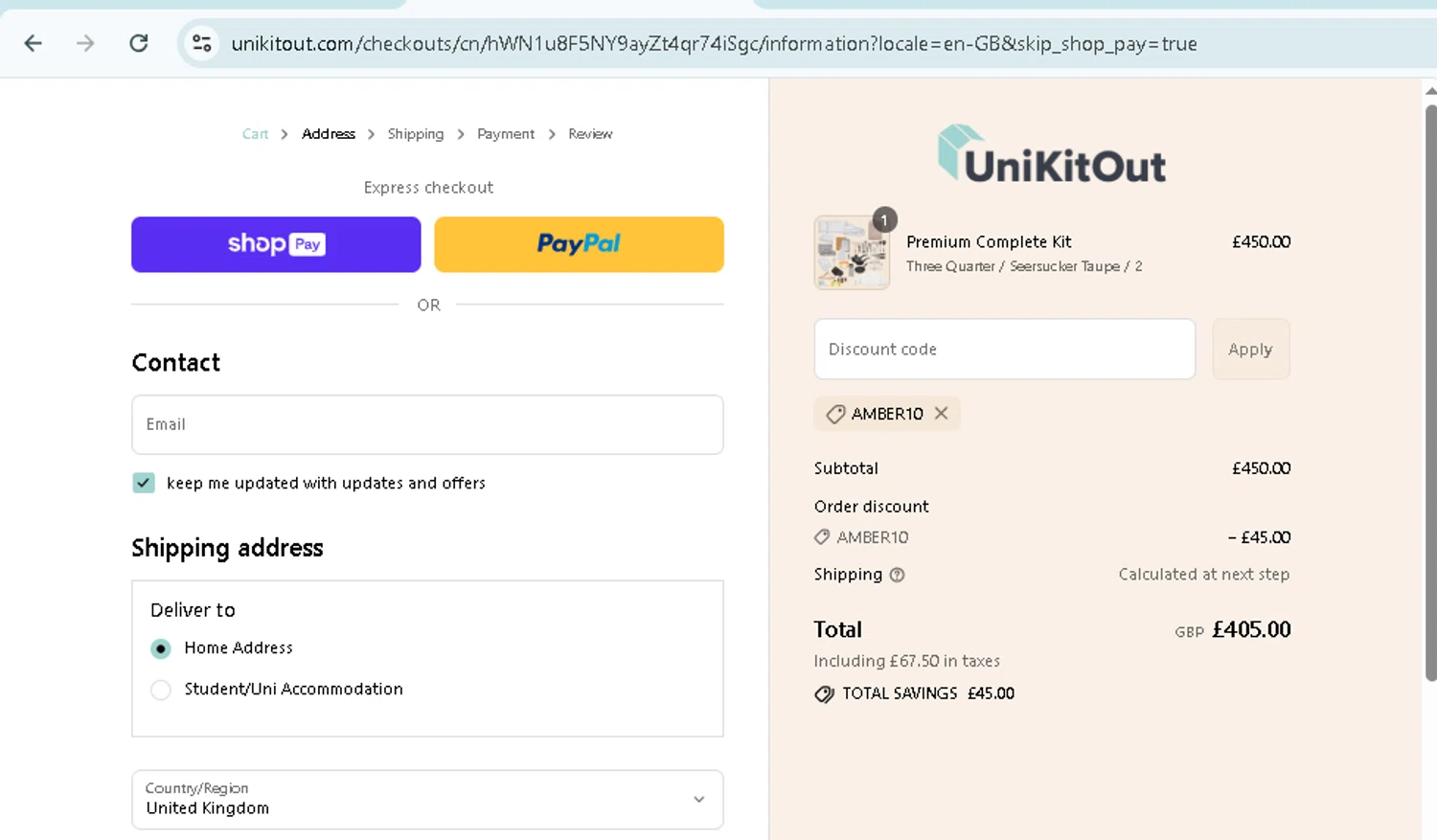 UniKitOut discount code screenshot showing code AMBER10 applied at UniKitOut checkout page. Uploaded by SimplyCodes community member TokenMonarch796 on Aug 17, 2025