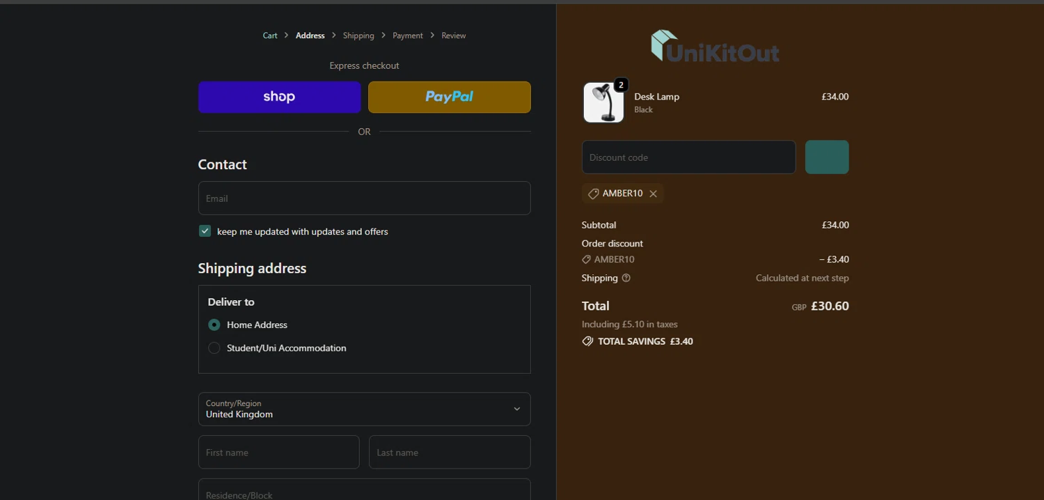 UniKitOut discount code screenshot showing code AMBER10 applied at UniKitOut checkout page. Uploaded by SimplyCodes community member TreasureMaestro5413 on Oct 11, 2025