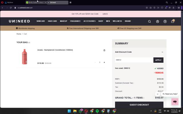 Unineed checkout page showing Unineed discount code box | Screenshot taken by SimplyCodes community member on Mar 5, 2025