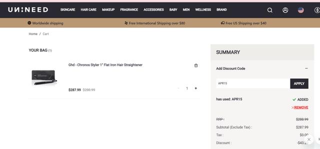 Unineed checkout page showing Unineed discount code box | Screenshot taken by SimplyCodes community member on Apr 10, 2025