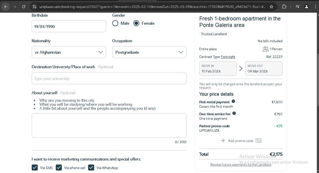 Uniplaces checkout page showing Uniplaces promo code box | Screenshot taken by SimplyCodes community member on Dec 27, 2024