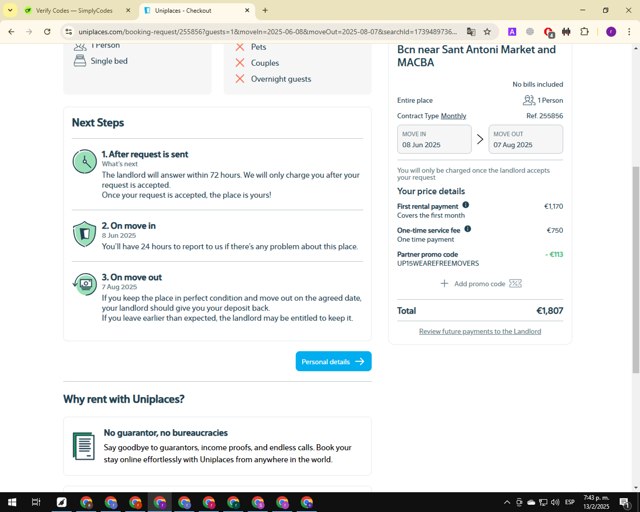 Uniplaces checkout page showing Uniplaces promo code box | Screenshot taken by SimplyCodes community member on Feb 13, 2025