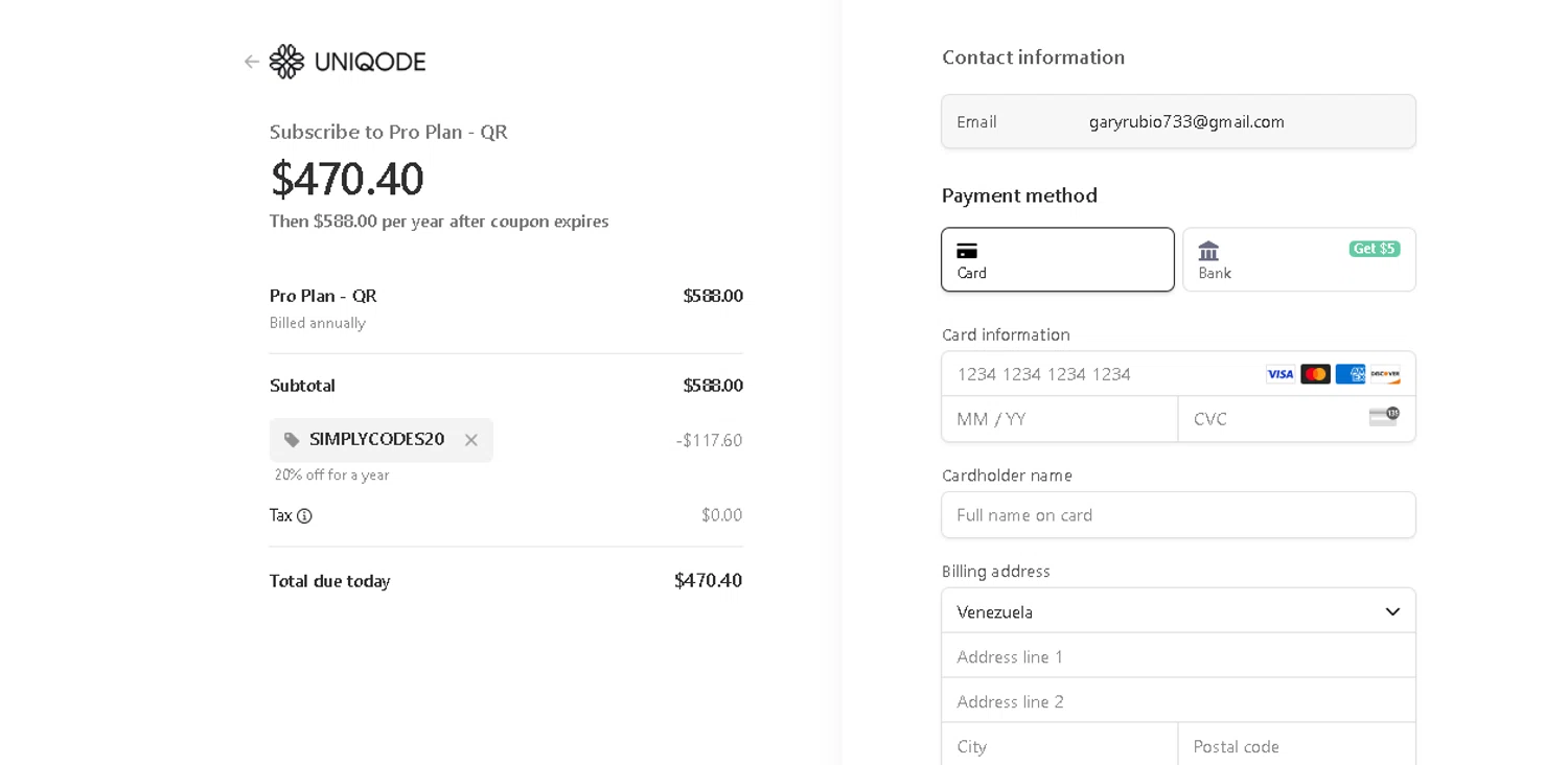Uniqode checkout page showing Uniqode promo code box | Screenshot taken by SimplyCodes community member on Sep 22, 2024