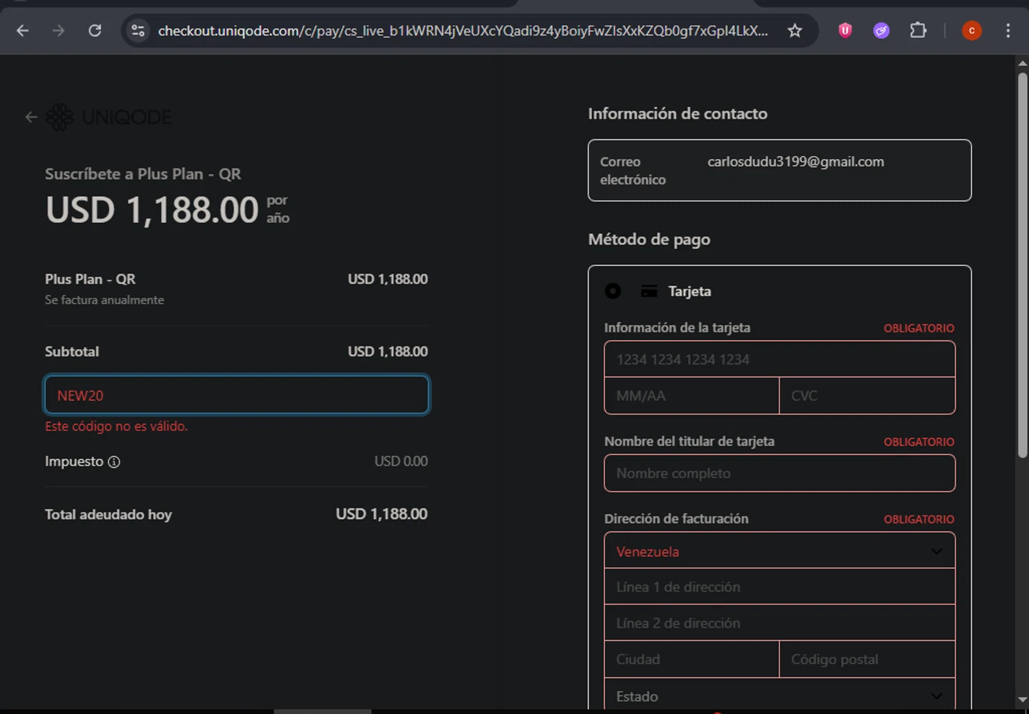 Uniqode promo code screenshot showing code NEW20 applied at Uniqode checkout page. Uploaded by SimplyCodes community member CashSage6731 on Jun 2, 2025