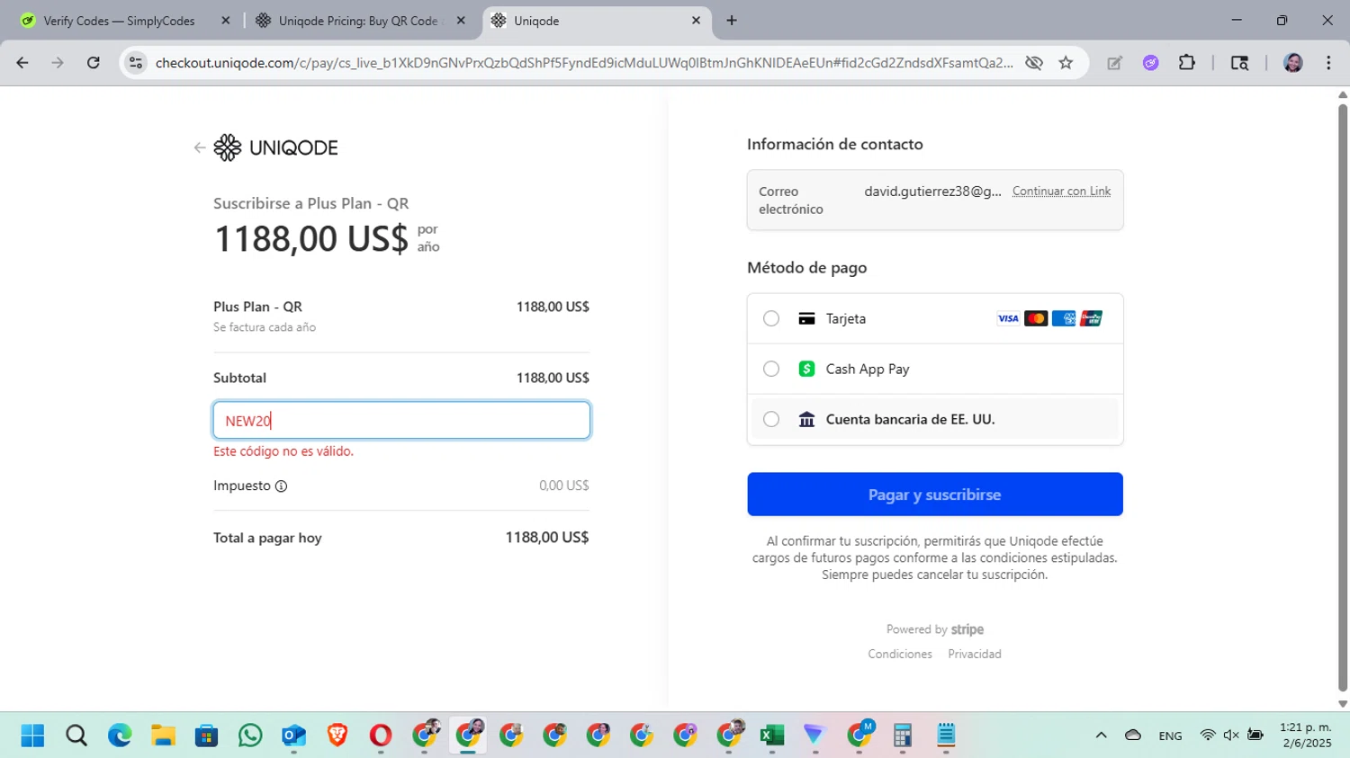 Uniqode promo code screenshot showing code NEW20 applied at Uniqode checkout page. Uploaded by SimplyCodes community member MarielisPb on Jun 2, 2025