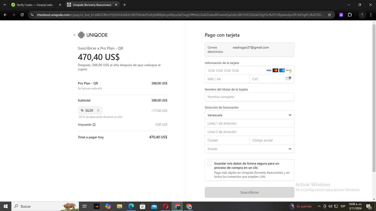 Uniqode checkout page showing Uniqode promo code box | Screenshot taken by SimplyCodes community member on Nov 2, 2024