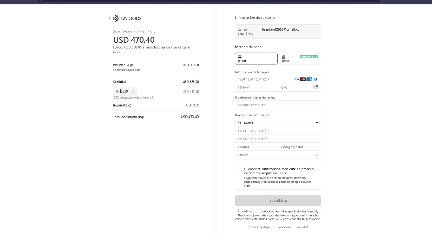 Uniqode checkout page showing Uniqode promo code box | Screenshot taken by SimplyCodes community member on Sep 20, 2024
