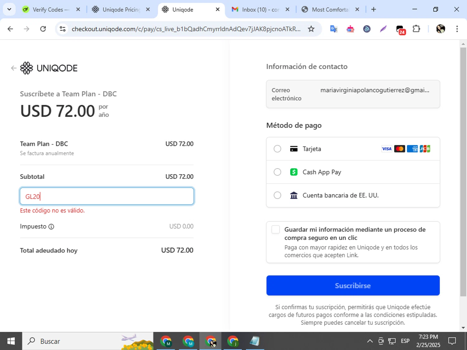 Uniqode promo code screenshot showing code GL20 applied at Uniqode checkout page. Uploaded by SimplyCodes community member mariapolancog on Feb 25, 2025