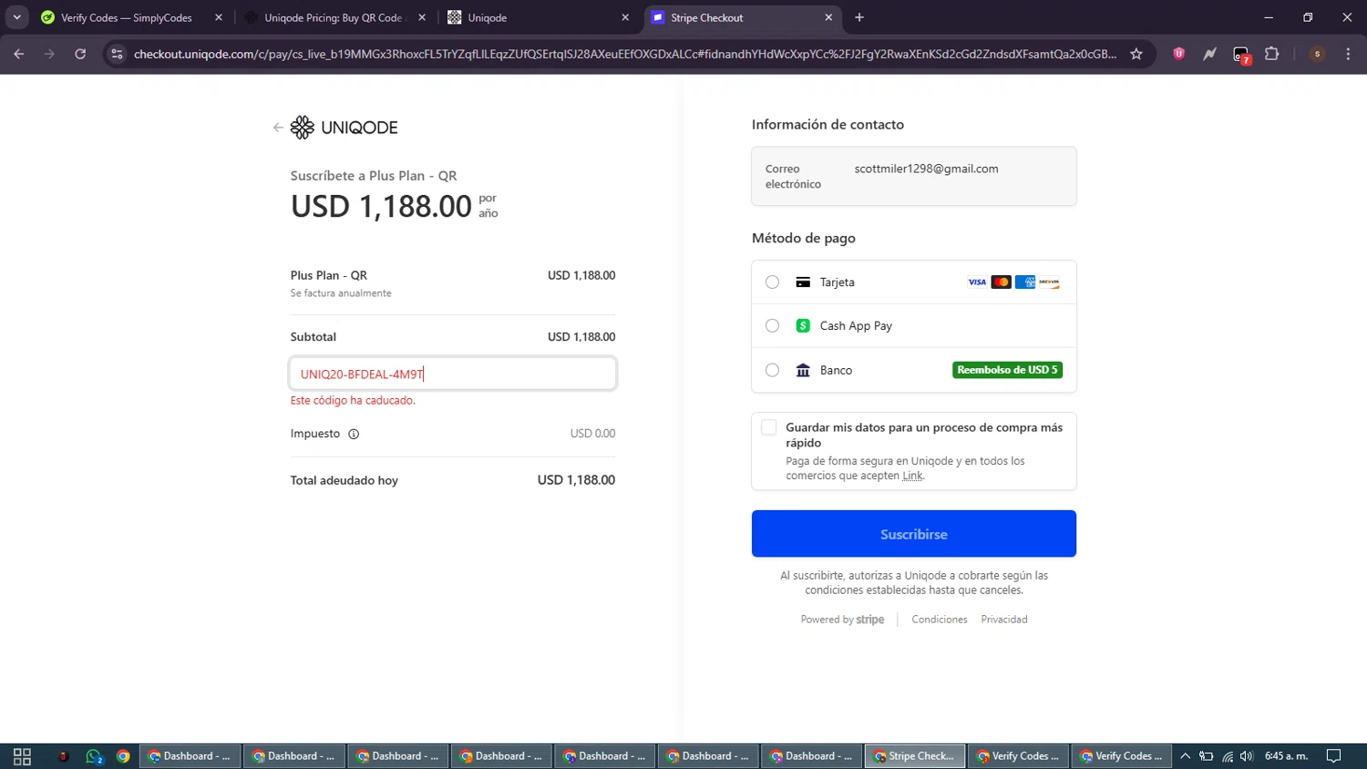 Uniqode promo code screenshot showing code UNIQ20-BFDEAL-4M9T applied at Uniqode checkout page. Uploaded by SimplyCodes community member GoldSentinel1426 on Dec 22, 2025