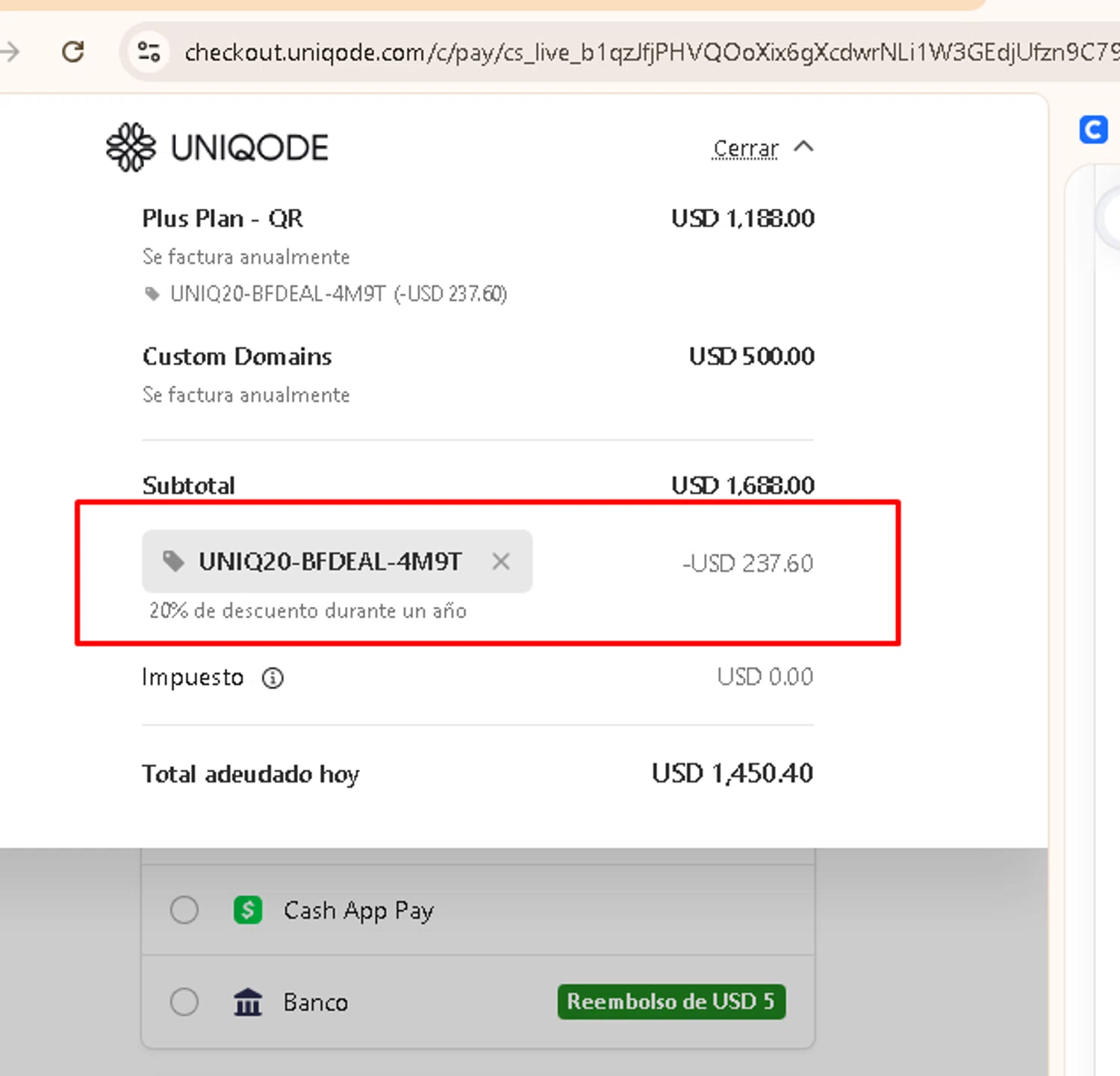 Uniqode promo code screenshot showing code UNIQ20-BFDEAL-4M9T applied at Uniqode checkout page. Uploaded by SimplyCodes community member AMANDA2681 on Nov 21, 2025