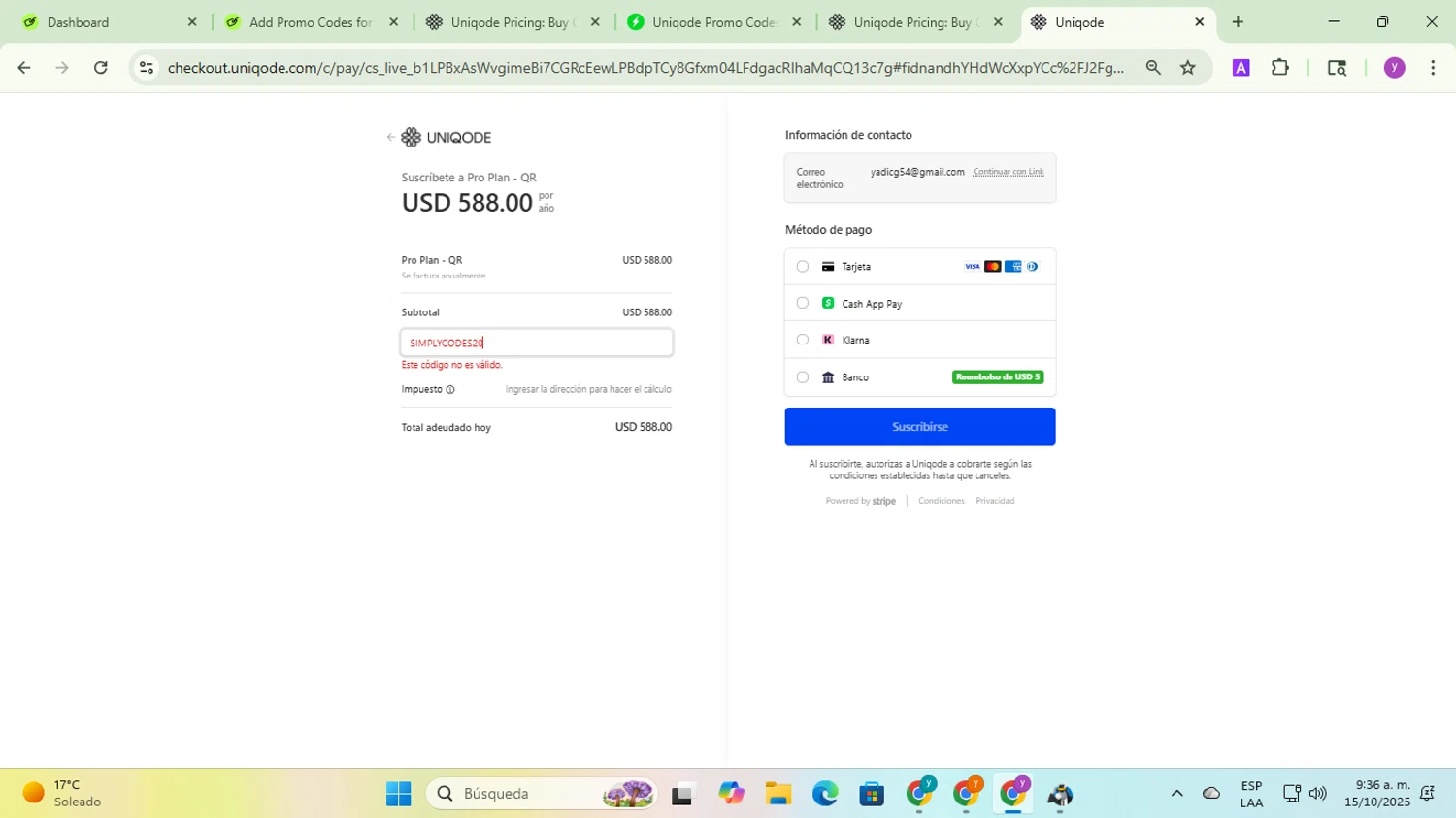 Uniqode promo code screenshot showing code SIMPLYCODES20 applied at Uniqode checkout page. Uploaded by SimplyCodes community member yadicg054 on Oct 15, 2025