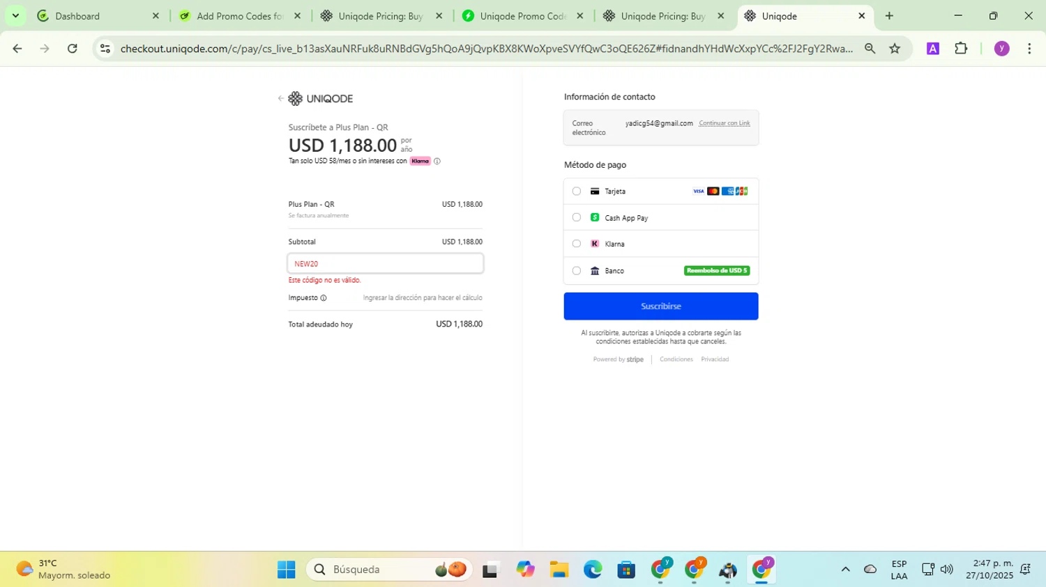 Uniqode promo code screenshot showing code NEW20 applied at Uniqode checkout page. Uploaded by SimplyCodes community member yadicg054 on Oct 27, 2025