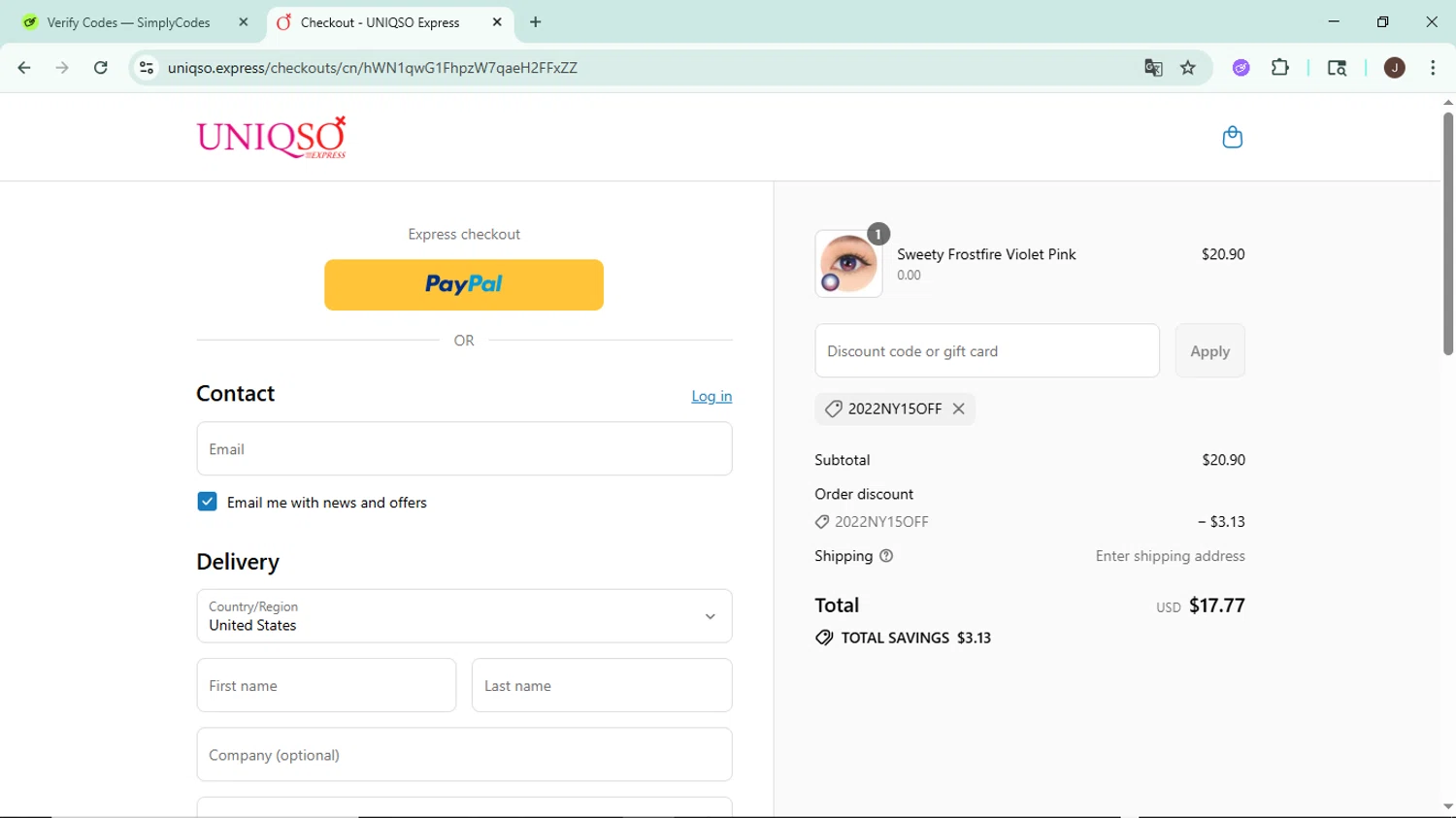 UNIQSO Express discount code screenshot showing code 2022NY15OFF applied at UNIQSO Express checkout page. Uploaded by SimplyCodes community member LegendaryAce8627 on Aug 16, 2025