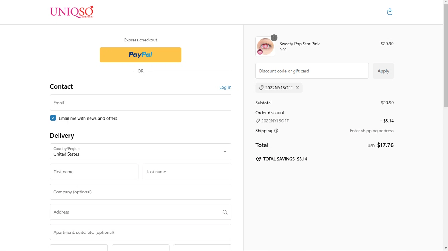 UNIQSO Express discount code screenshot showing code 2022NY15OFF applied at UNIQSO Express checkout page. Uploaded by SimplyCodes community member TokioMiller on Jan 19, 2025
