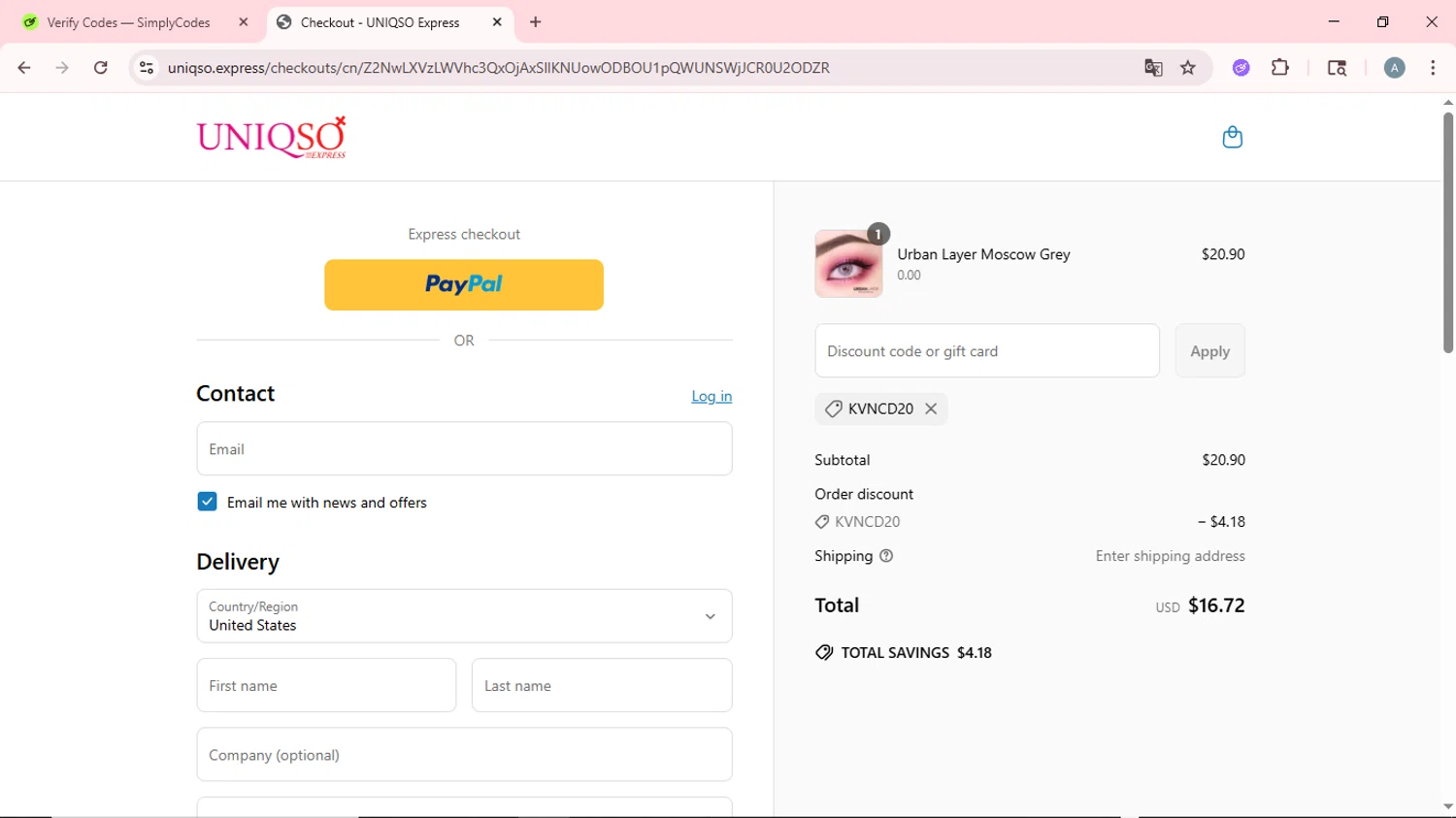 UNIQSO Express discount code screenshot showing code KVNCD20 applied at UNIQSO Express checkout page. Uploaded by SimplyCodes community member CrownSpotter6947 on Jun 24, 2025