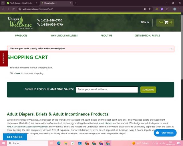 Unique Wellness checkout page showing Unique Wellness discount code box | Screenshot taken by SimplyCodes community member on Sep 4, 2025