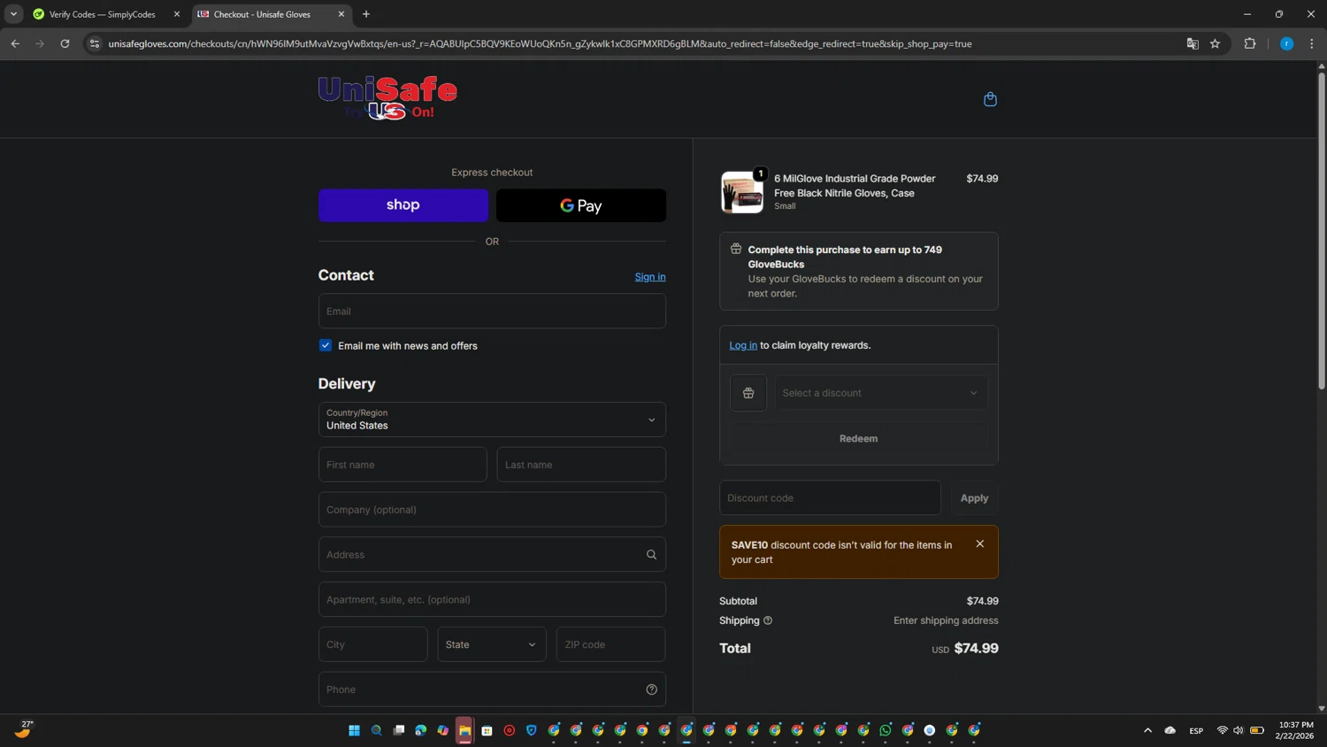 UniSafe Inc. discount code screenshot showing code SAVE10 applied at UniSafe Inc. checkout page. Uploaded by SimplyCodes community member CouponPhoenix3444 on Feb 23, 2026