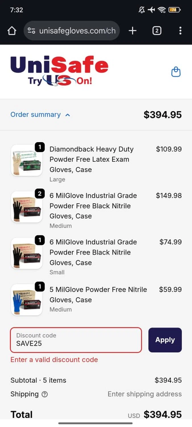 UniSafe Inc. discount code screenshot showing code SAVE25 applied at UniSafe Inc. checkout page. Uploaded by SimplyCodes community member RoyalSpotter5217 on Feb 3, 2026