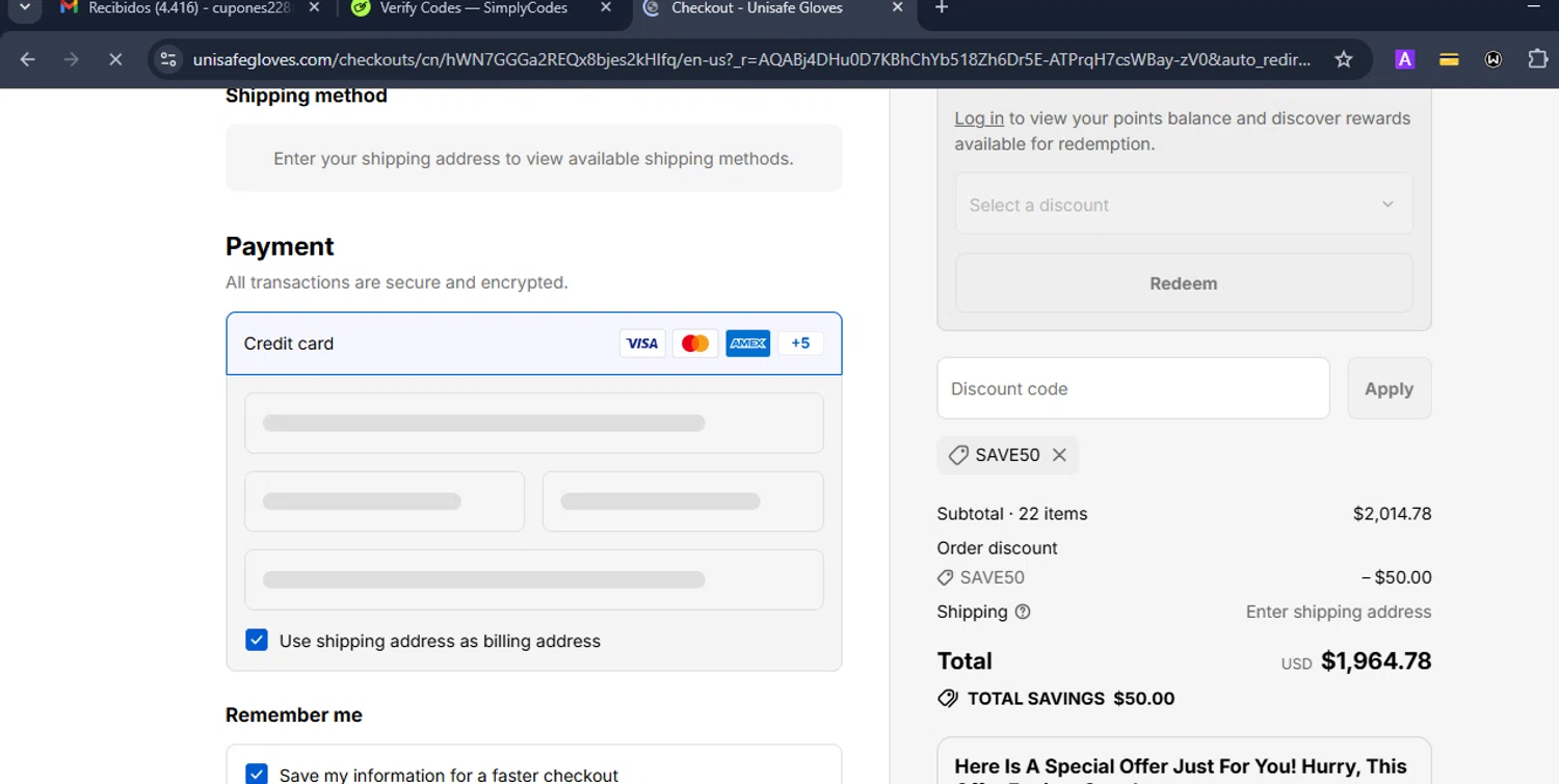 UniSafe Inc. checkout page showing UniSafe Inc. discount code box | Screenshot taken by SimplyCodes community member on Jan 5, 2026