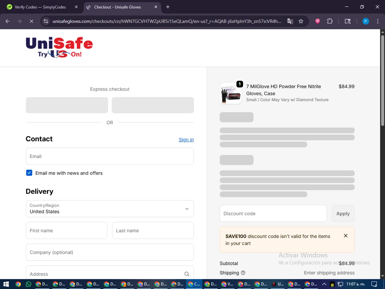 UniSafe Inc. discount code screenshot showing code SAVE100 applied at UniSafe Inc. checkout page. Uploaded by SimplyCodes community member juiceWRLD on Jan 5, 2026