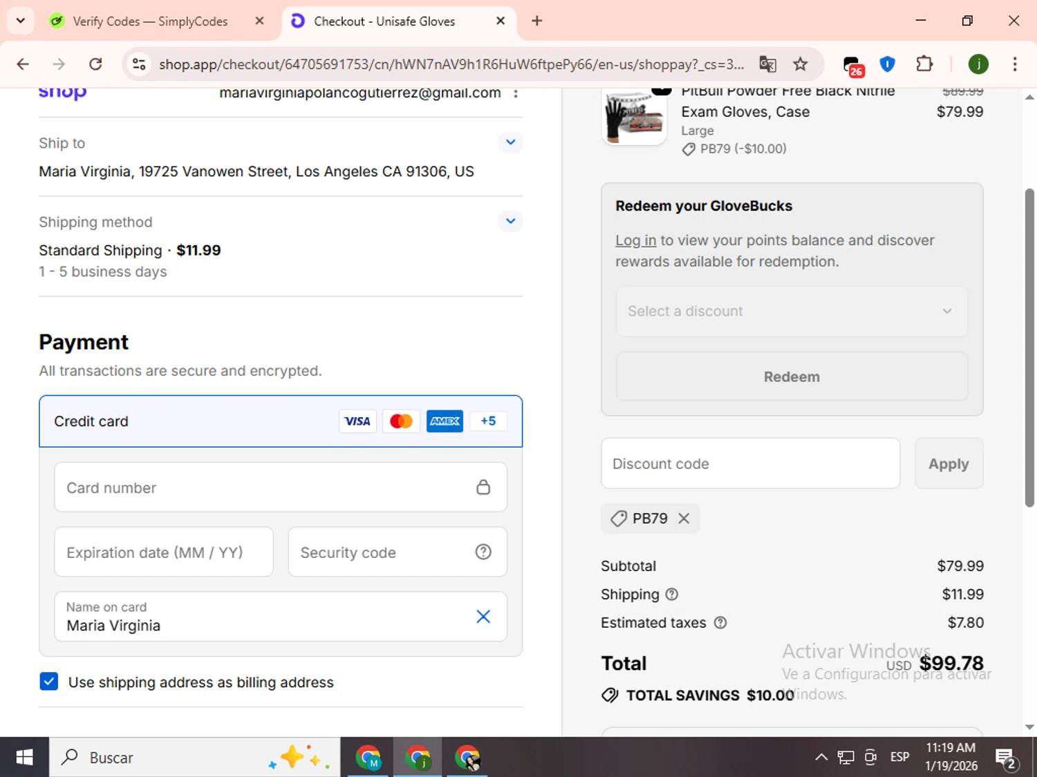 UniSafe Inc. checkout page showing UniSafe Inc. discount code box | Screenshot taken by SimplyCodes community member on Jan 19, 2026